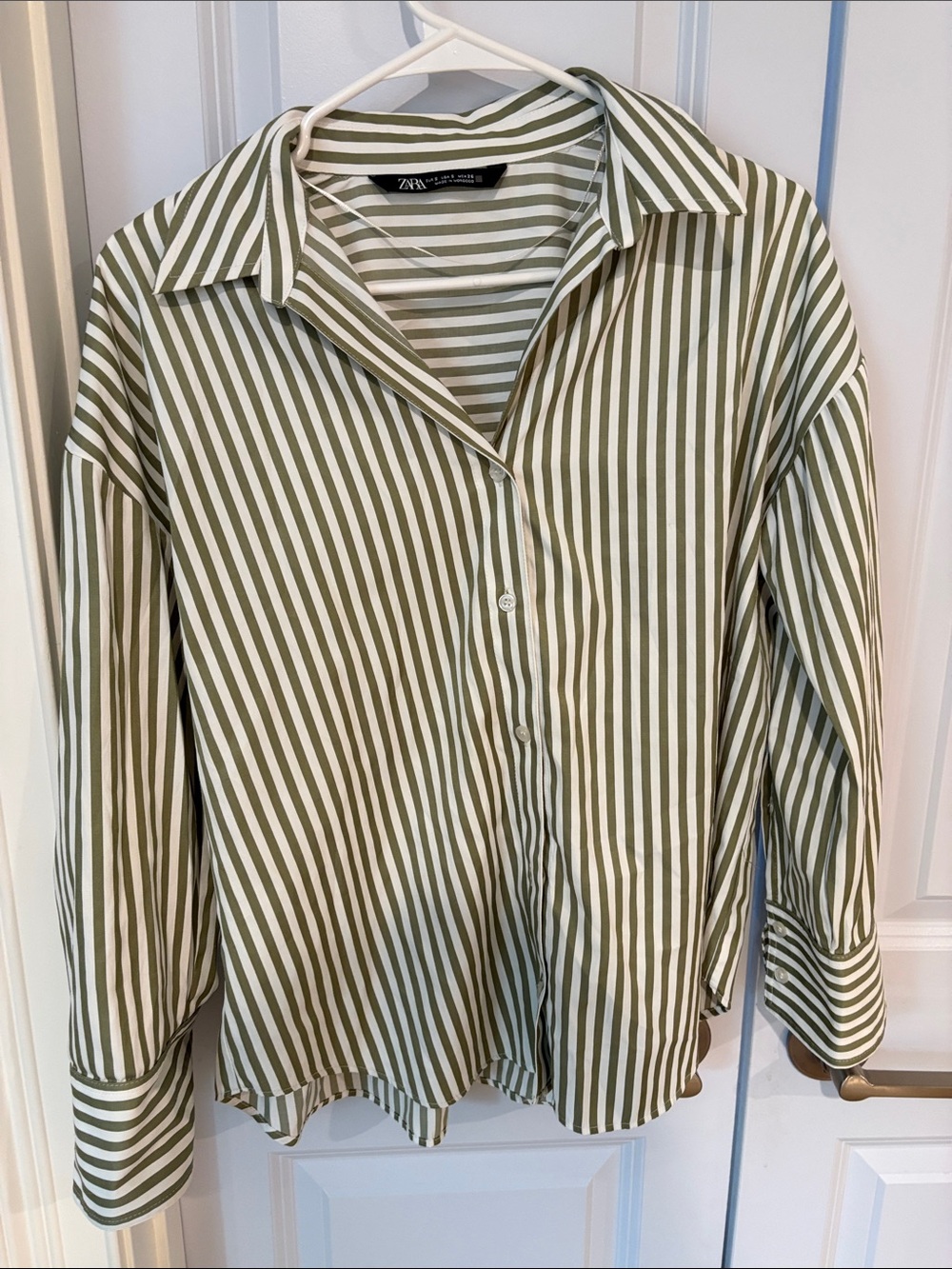 Zara Olive and White Striped Button-Down Shirt